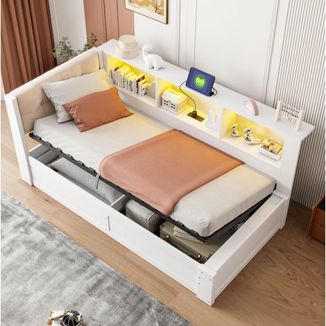 Lit banquette enfant 90x200 cm avec rangement hydraulique, LED dimmable, USB et étagère, structure en pin et MDF blanc (1/5)