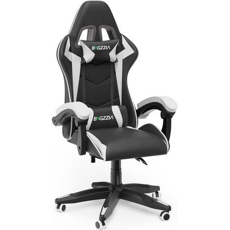 Bigzzia – Chaise gaming ergonomique inclinable 90°-155° – Cuir PU haute qualité – Appui-tête et coussin lombaire amovibles – Base étoile avec roulettes silencieuses