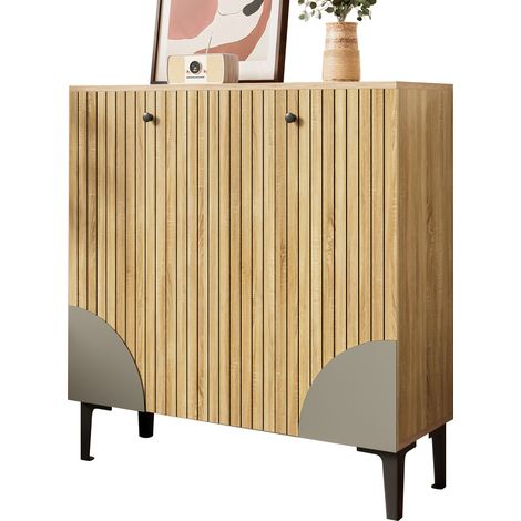 Scarpiera moderna 90x32x94 cm effetto legno con tre ante, vano contenitore e ripiano – mobiletto da ingresso leggero con struttura nera, verticale e decorazione grigia