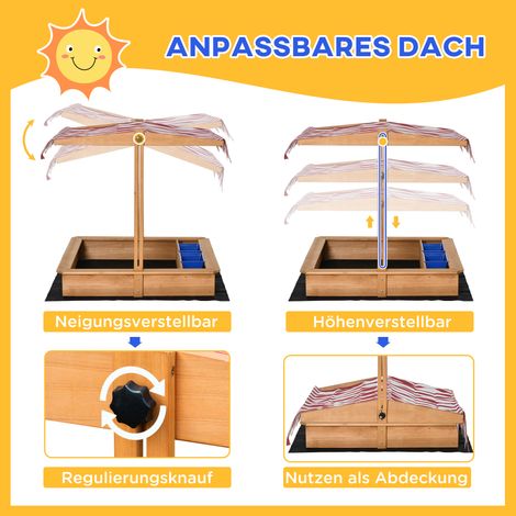 Bac à sable en bois Outsunny 107,5x107,5 cm enfant avec couvercle ajustable, pour jardin, terrasse ou balcon, 3-7 ans (1/4)