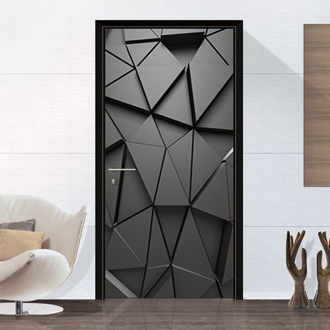 Papier peint mural 3D pour porte, autocollant moderne, imperméable, adhésif, amovible, réutilisable, motif géométrique noir SP-F068 L (45 x 200 cm x 2 pièces) (1/5)