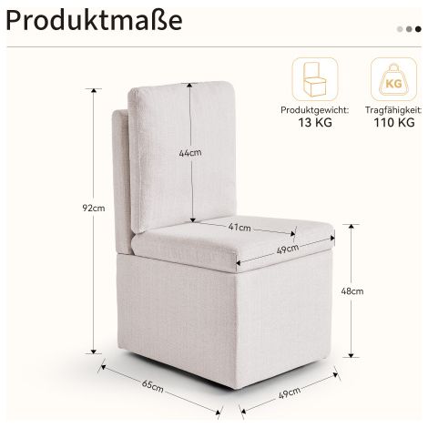 Chaise de salle à manger avec fonction de rangement — Chaise de cuisine dotée d'un dossier rembourré, d'une hauteur d'assise de 48 cm et d'un compartiment de rangement avec poignée  capacité de charge (1/4)