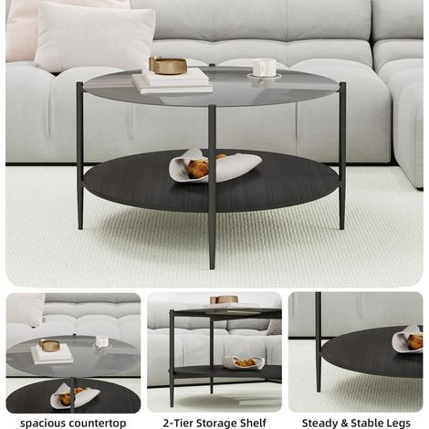Table basse ronde moderne en verre noir et pied bois foncé, design minimaliste pour salon, élégante et fonctionnelle. (1/5)