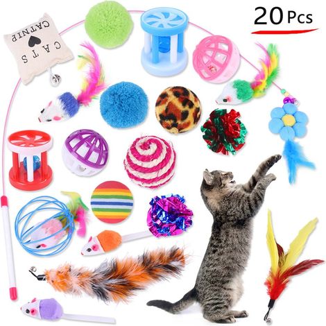 Jouet Pour Chat - Baguette À Plumes + Tunnels + Souris + Balles - Jeu D'Enrichissement Pour Chats Intérieurs Et Chatons - Lot De 20 Pièces (1/5)
