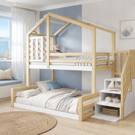 DESMIU Lit superposé 3 places avec escalier de rangement, barrières et fenêtre 90 × 200 et 140 × 200 cm sans matelas (1/5)