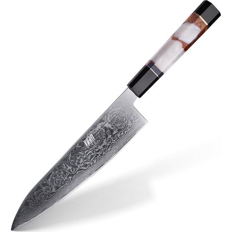 Chef Knife 20.8 cm, Damascus Steel Japanese Style BLACK-ROSE Chef's Knife, Blade 20.8 cm, Damascus Steel, Japanese Style, Precise Cutting, Meat Vegetables, Daily Cooking (1/5)