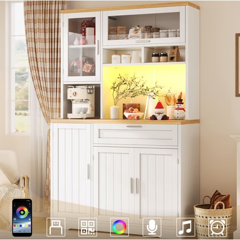 Pensile da cucina con LED, vetrina in MDF 104 x 40 x 180 cm, bianco, per cucina e soggiorno (1/5)