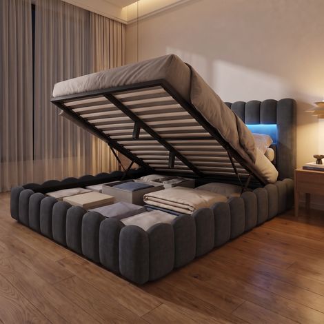 Lit coffre double 160x200 cm avec éclairage LED et USB, lit adulte capitonné en lin, moderne, Gris foncé