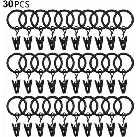 30 Pack Curtain Rings with Clip, Rustproof Stainless Steel Curtain Rings, Metal Curtain Hooks, Curtain Rod Ring for Shower Curtains and Window Curtains, Black (1/3)