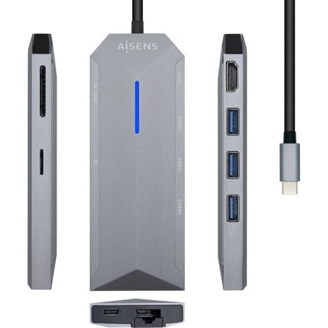 Station d'accueil usb 3.2 c-type aisens asuc-8p004-gr/ 1 hdmi/ 3 usb/ 1 rj45/ 1 lecteur de cartes / usb pd/ gris