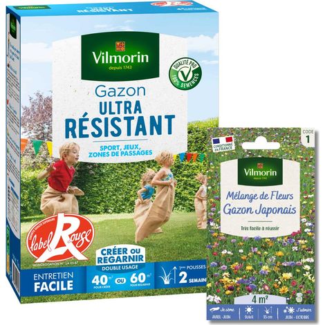 Gazon Ultra Résistant - Label Rouge - 1 kg + Gazon Japonais - 4 m² - Mélange de fleurs Vilmorin (1/2)