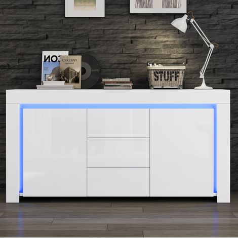 Buffet MDF blanc brillant 140 x 40 x 65 cm avec 2 portes, 3 tiroirs, tablettes réglables et LED (1/5)