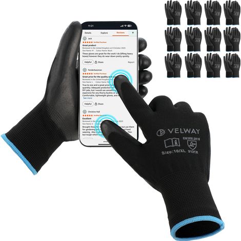 Velway Gants Travail 12 Paires - Revêtement PU Antidérapant Jardinage Bricolage - Taille 10/XL (1/5)