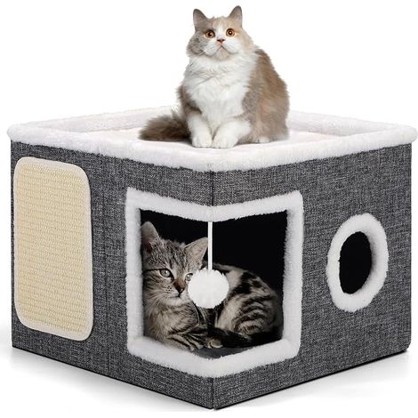 Cat Kennel, 2-Layer Cat Cave with Kennel, Scratching Post and Ball, Foldable Kitten Bed with Cushions Double Sided for All (1/5)
