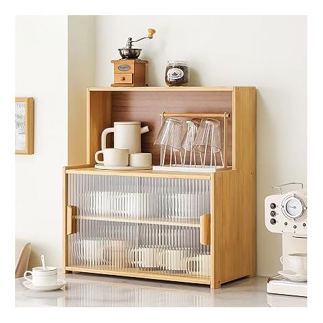 Petit buffet de cuisine en bambou pour plan de travail, armoire avec portes coulissantes, étagères réglables pour pots à épices et ustensiles de cuisine, tasses (1/5)