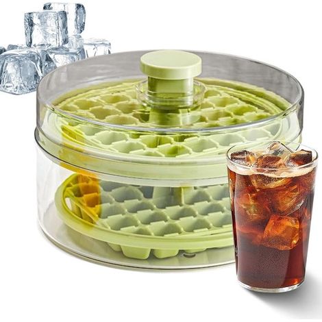 Juego de cubiteras redondas de doble capa con botón pulsador，64 compartimentos，verde oliva，con caja de almacenamiento y cuchara (1/5)