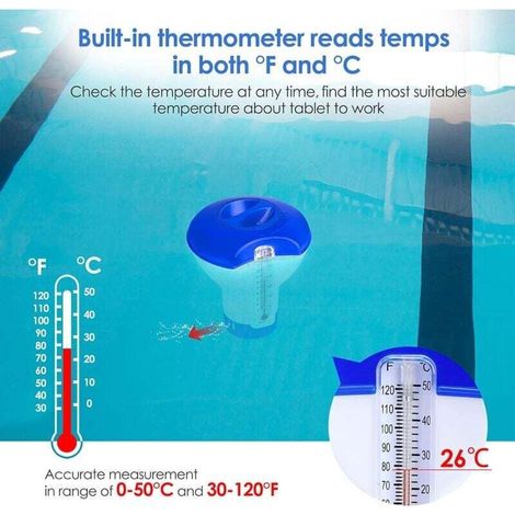 Diffuseur Chlore Piscine avec Thermomètre, Distributeur Flottant Automatique, Doseur de Chlore pour Piscine de 5 Pouces, Distributeur de Produits Chimiques pour Piscine, Étang, Spa (1/3)