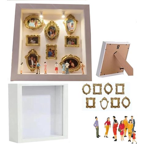 Kit de marco tipo caja de sombra con minifiguras, marcos dorados, caja de siluetas de mini museo para armar, vitrina creativa para recuerdos fotográficos, regalo de decoración en miniatura para el hog