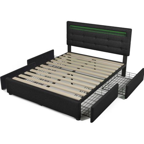 Lit coffre 140x200 cm avec LED, 4 tiroirs, tête de lit réglable, matelas inclus, noir (1/5)