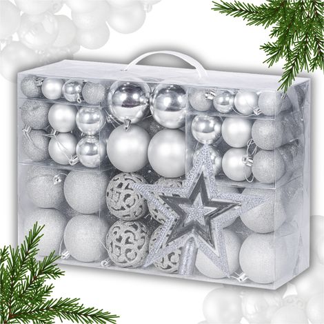 SET DI PALLINE PER ALBERO DI NATALE, IN PLASTICA, PER ALBERO DI NATALE, ARGENTO, ANTISCHEGGIA