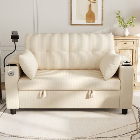 Sofá 2 plazas con almacenaje oculto, puertos USB y Type-C, portavasos y soporte giratorio para móvil, terciopelo acanalado beige – CHICFURN para salón y oficina (1/5)