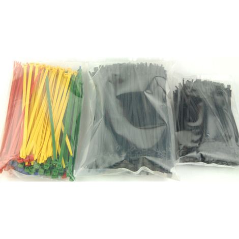 Lot de 600 colliers de câblage Rilsan 200 mm – Largeur 4.8 mm – Fixation rapide pour câbles électriques – Couleurs variées : noir, vert, jaune, rouge, bleu