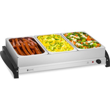 Royal Catering – Chauffe-plats électrique 3 bacs 2 l – Puissance 400 W – Température 45-85°C – Acier inoxydable – Couvercles en verre acrylique