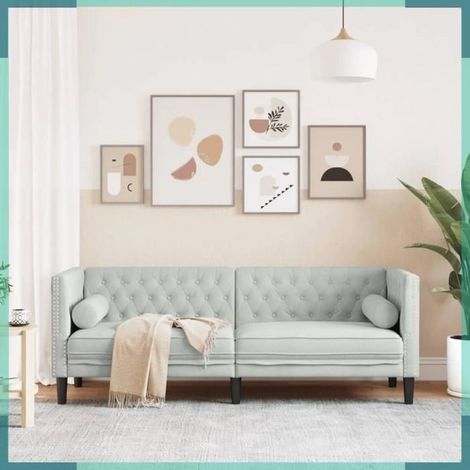 372693 Canapé Chesterfield avec traversins 3 places gris clair velours (1/5)