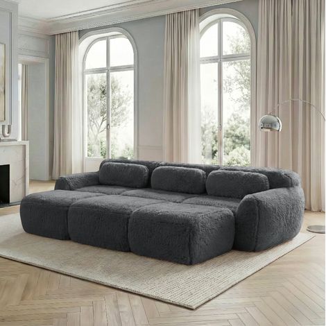 REDOM - Sofá modular de 3 plazas, diseño nube envolvente, tejido peluche, gris (1/5)