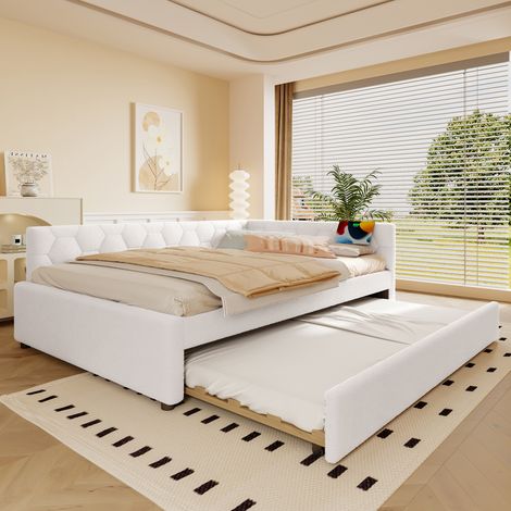 Divano letto in tessuto effetto velluto bianco 140x200 cm con letto estraibile, rete a doghe, USB e luce integrata