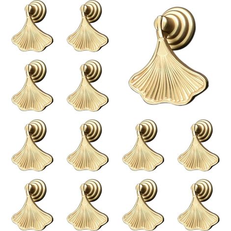 Lot de 12 poignées de tiroir en forme de feuille dorée, à trou unique, pour armoires et placards. (1/5)