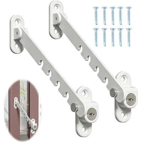 2 Pièces Entrebâilleur Fenêtre à Battant Verrouillable, Limiteur Ouverture Fenêtre avec Vis en Acier Inoxydable, Verrouillable Entrebailleur, Limitateur d'ouverture à Angle Réglable,Blanc (1/5)