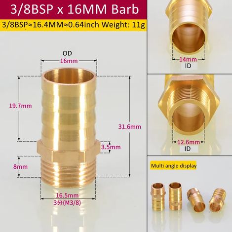Raccord de tuyauterie en laiton (3l8BSP 16 mm Barb-CN) 6/8/Tuyau, embout cannelé, connecteur mâle BSP, adaptateur de coupleur en cuivre (1/5)