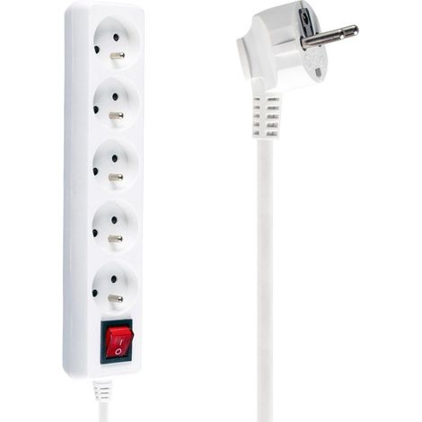 Rallonge électrique avec mise à la terre et interrupteur, 1,5 m, 5 prises 3 x 1 mm², 10 A, blanche (1/3)