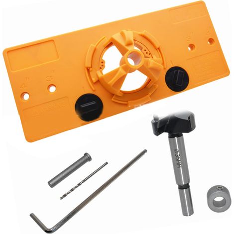 Kit de perçage et positionnement pour charnières 35mm, plaque de guidage jaune pour menuiserie, outil de forage à bois avec gabarit de précision, ensemble complet pour pose rapide (1/5)
