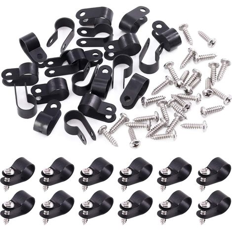 Lot de 120 clips de serrage en nylon et plastique de type R - Clips de fixation pour cordon de montage avec 120 vis pour la gestion des fils (1,27 cm, noir) (1/5)