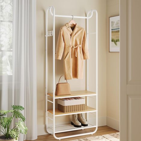 Portemanteau, Vestiaire, avec Étagère à Chaussures à 3 Niveaux, pour Entrée, Chambre, 58 x 28 x 181 cm, Style Scandinave, Blanc Mat et Doré Chêne (1/5)