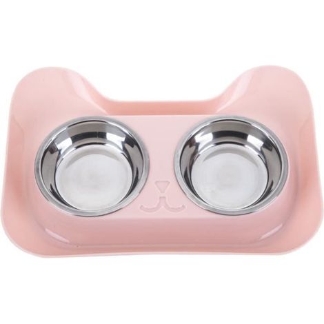 Gamelle double pour chien/chat (31 x 21,5 x 5 cm), en acier inoxydable, rose. (1/4)