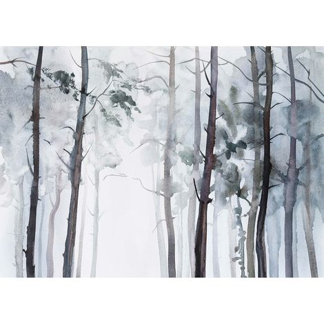 Tableau hiver arbre aquarelle gris & bleu | Tableau forêt nature pour chambre adulte | Tableau sur toile idéal couloir & bureau - 0,7 x 0,5 m (1/2)
