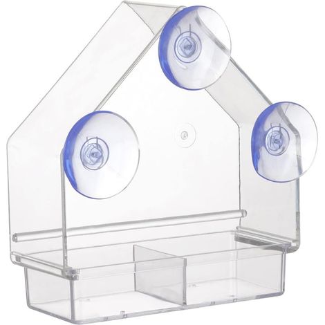 Comedero transparente para pájaros con ventosas súper resistentes, bandeja extraíble, recargable y resistente a la intemperie. (1/5)