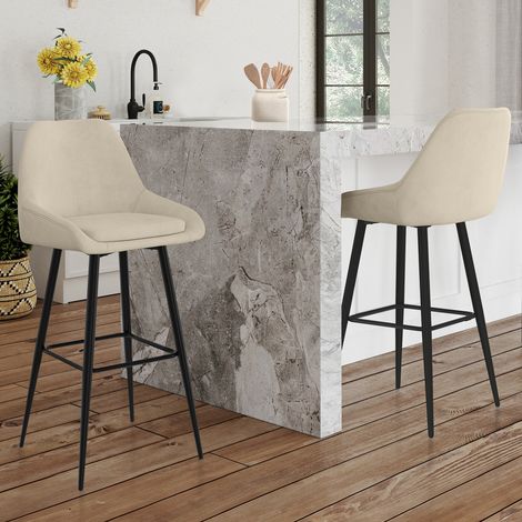 Lote de 2 taburetes de bar THALYA de terciopelo beige con medio reposabrazos