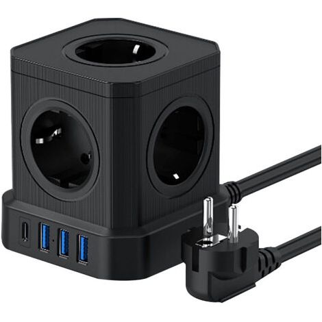 Multiprise (16A/4000W) 5 prises françaises avec 3 ports USB et 1 port Type-C, multiprise parafoudre et surtension avec interrupteur, câble 2M pour la maison, le bureau, les voyages (1/4)