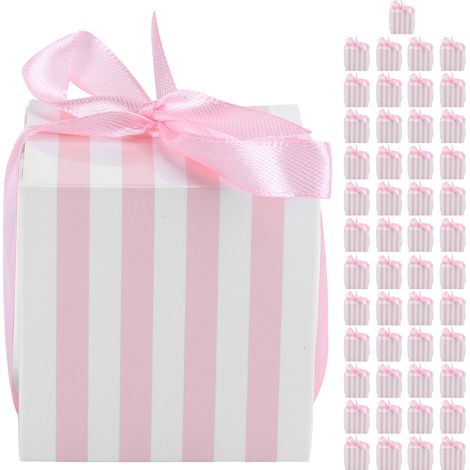 50 pièces Boîte Cadeau Bonbons pour Mariage Anniversaire Fête Remise de Diplôme (5,5cm Rayures Roses et Blanche avec Ceinture Rose) (1/4)