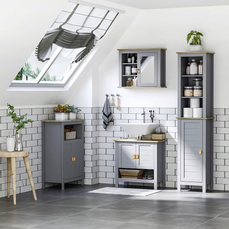 Armoire de salle de bain haute moderne, colonne de salle de bain avec 1 porte, étagère réglable et 3 compartiments, 39 x 30 x 168 cm, grise (1/5)