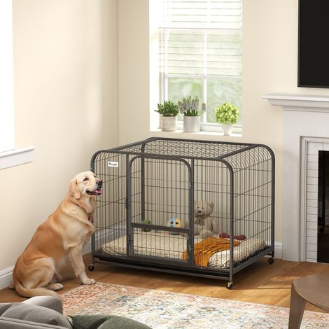 Cage pour chien en acier avec roues, 3 portes, bac amovible et fermeture sécurisée, noire (1/5)