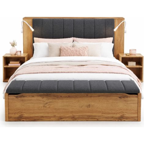 CHICFURN Lit double 180 x 200 cm en bois clair avec tête de lit rabattable, lampes de lecture USB, rangements, 2 chevets et banc coffre, sans matelas (1/5)