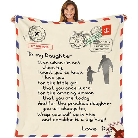 Couverture enveloppe fabriquée en Allemagne, en polaire corail, avec message familial imprimé « Papa à sa fille », 130 x 150 cm. (1/3)