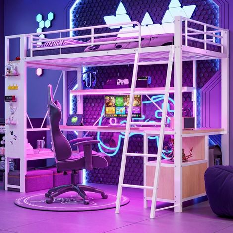 Lit Mezzanine 90x200 cm avec Bureau et Rangement, Cadre Métal Blanc, LED, Étagères, Panneau Perforé et USB - Sans Matelas (1/5)