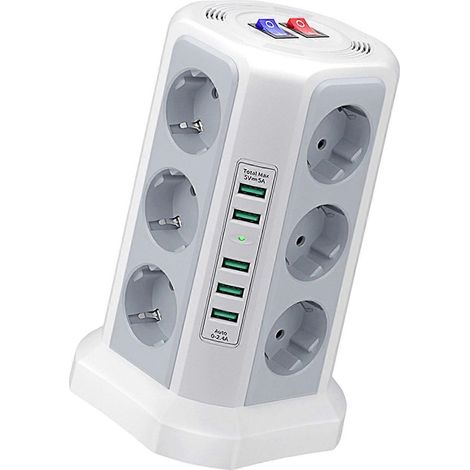 Multiprise tour 12 prises 10 A 250 V 2500 W avec protection contre les surtensions et les surcharges, couleur beige standard. (1/5)
