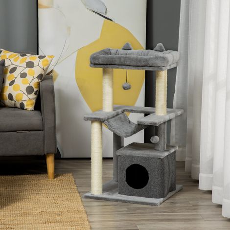 Katzenbaum für ausgewachsene Katzen, Katzenhaus mit Sisalseil, Kissen und Hängematte, 2 Bälle, Bezug aus Plüsch und Filz, Höhe 90 cm, Grau (1/5)